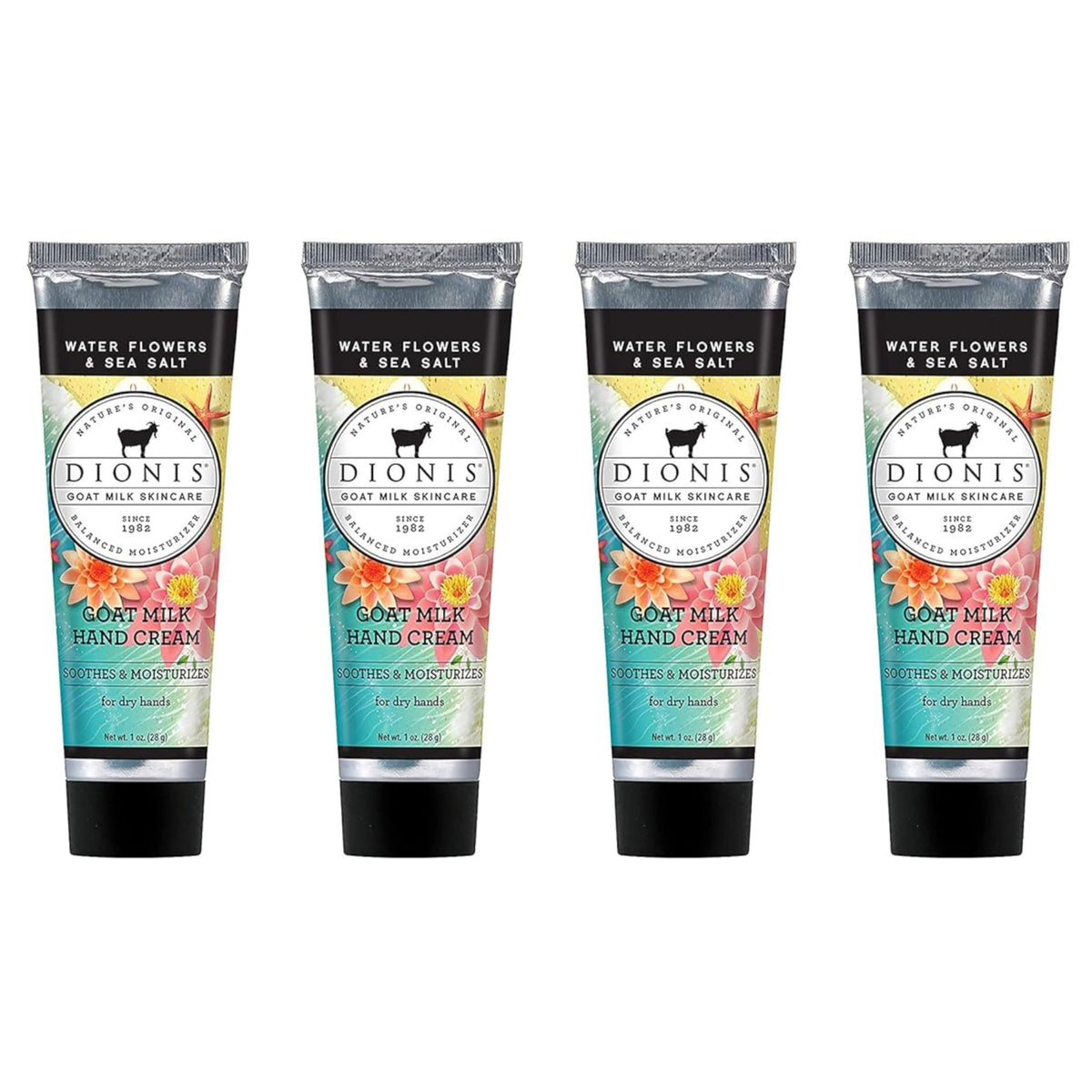 dionis front pack showing four hand cream tubes for easy gifting and travel