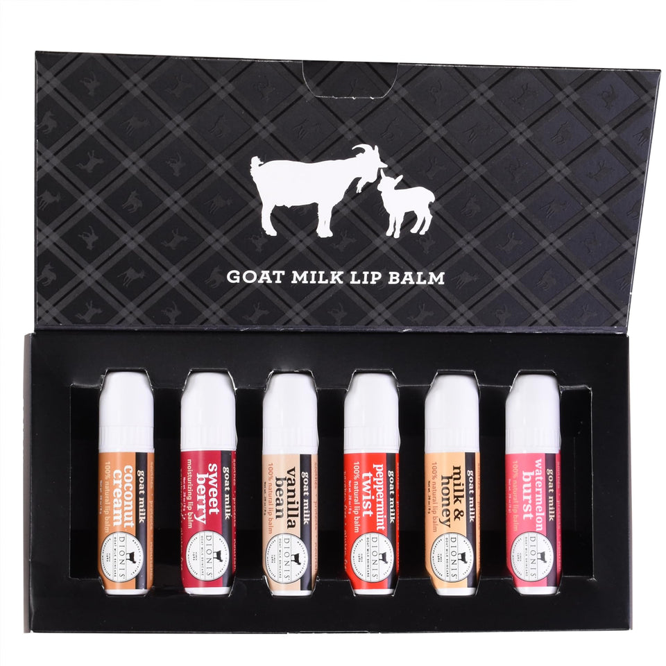 Dionis front packaging showing six jumbo lip balms and flavors, clear benefits