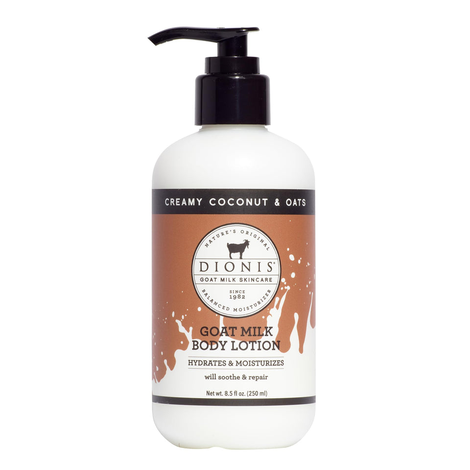 Dionis front packaging showing creamy coconut oats scent and easy pump for quick hydration