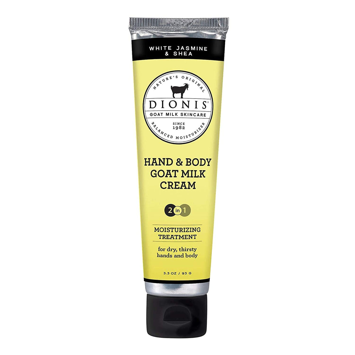 Dionis front packaging showing 3.3 oz tube and white jasmine scent, highlights travel convenience