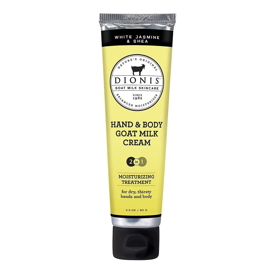 Dionis front packaging showing 3.3 oz tube and white jasmine scent, highlights travel convenience