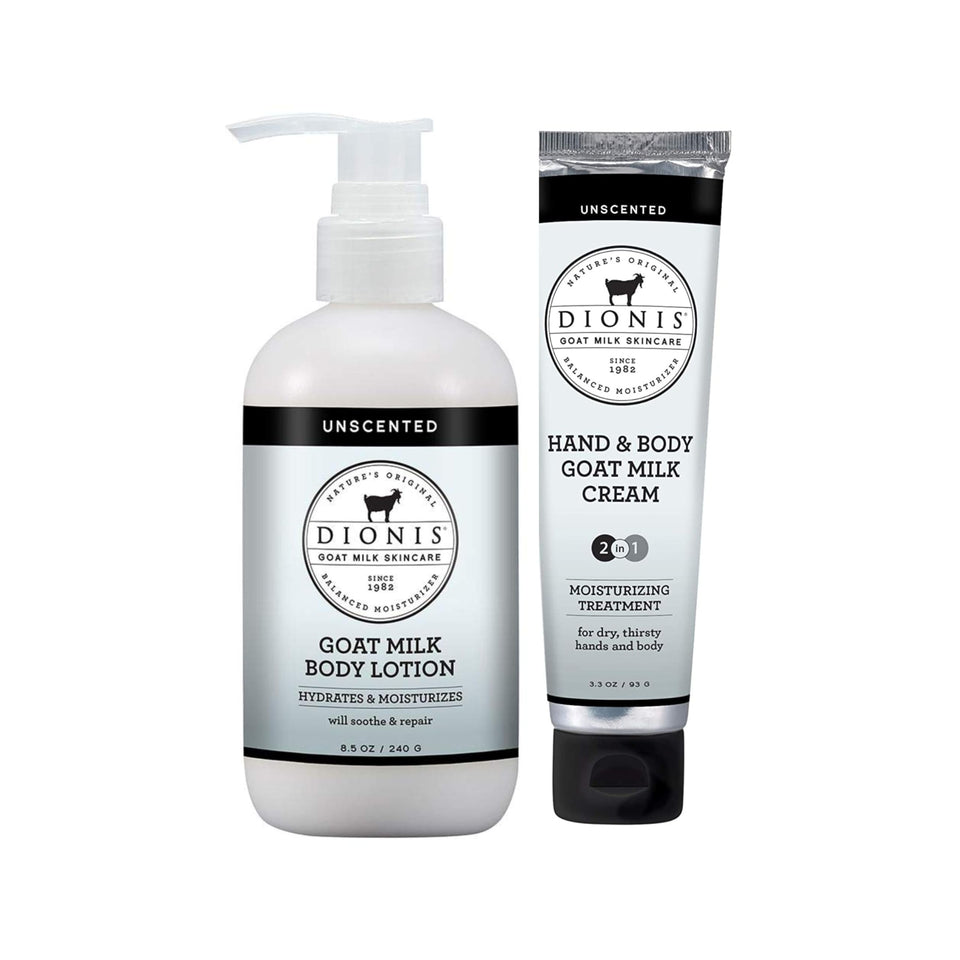 Dionis front view of unscented lotion and cream showing packaging and benefits