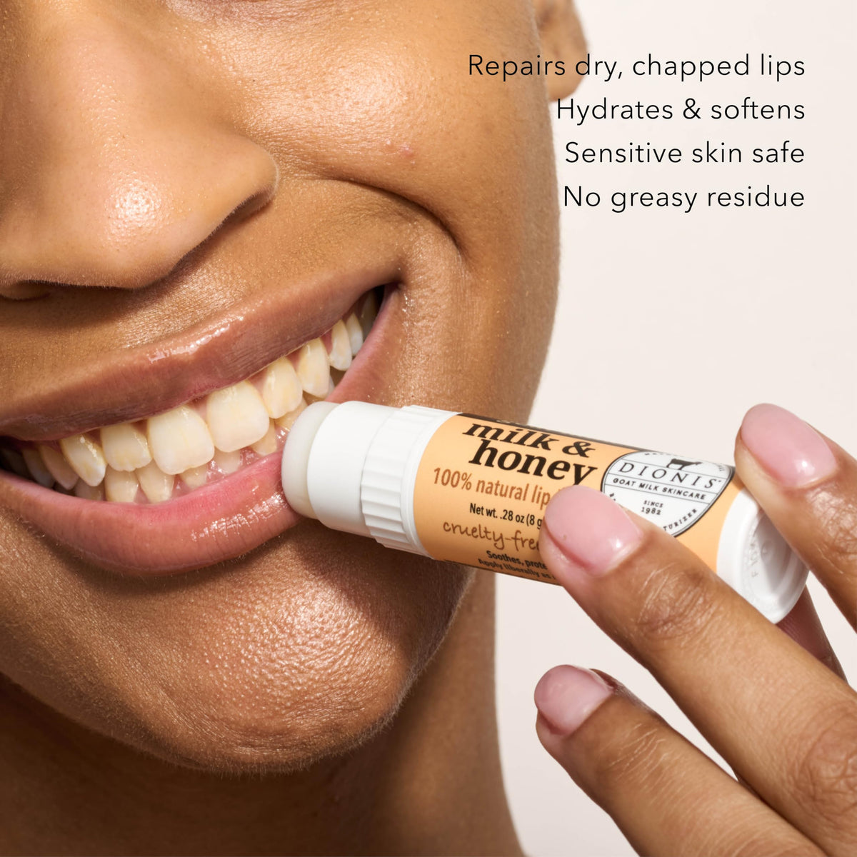 Dionis cap off showing balm tip and easy application benefit