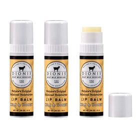 Dionis front packaging showing three milk and honey lip balm tubes for consistent moisture
