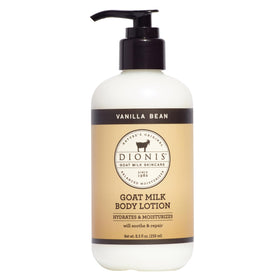 Dionis lotion pump bottle front showing vanilla bean scent and easy dispensing benefit