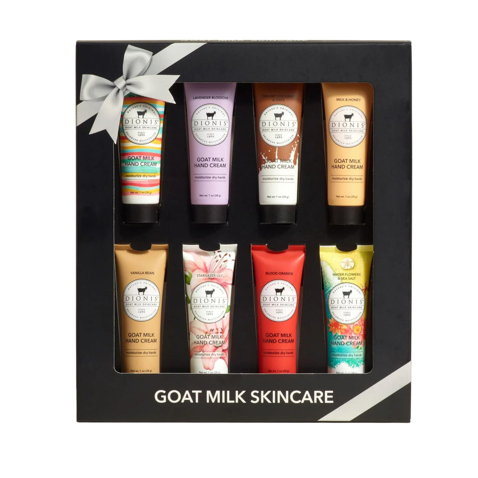 Dionis hand cream front packaging showing eight 1 oz tubes and fragrances for convenient gifting