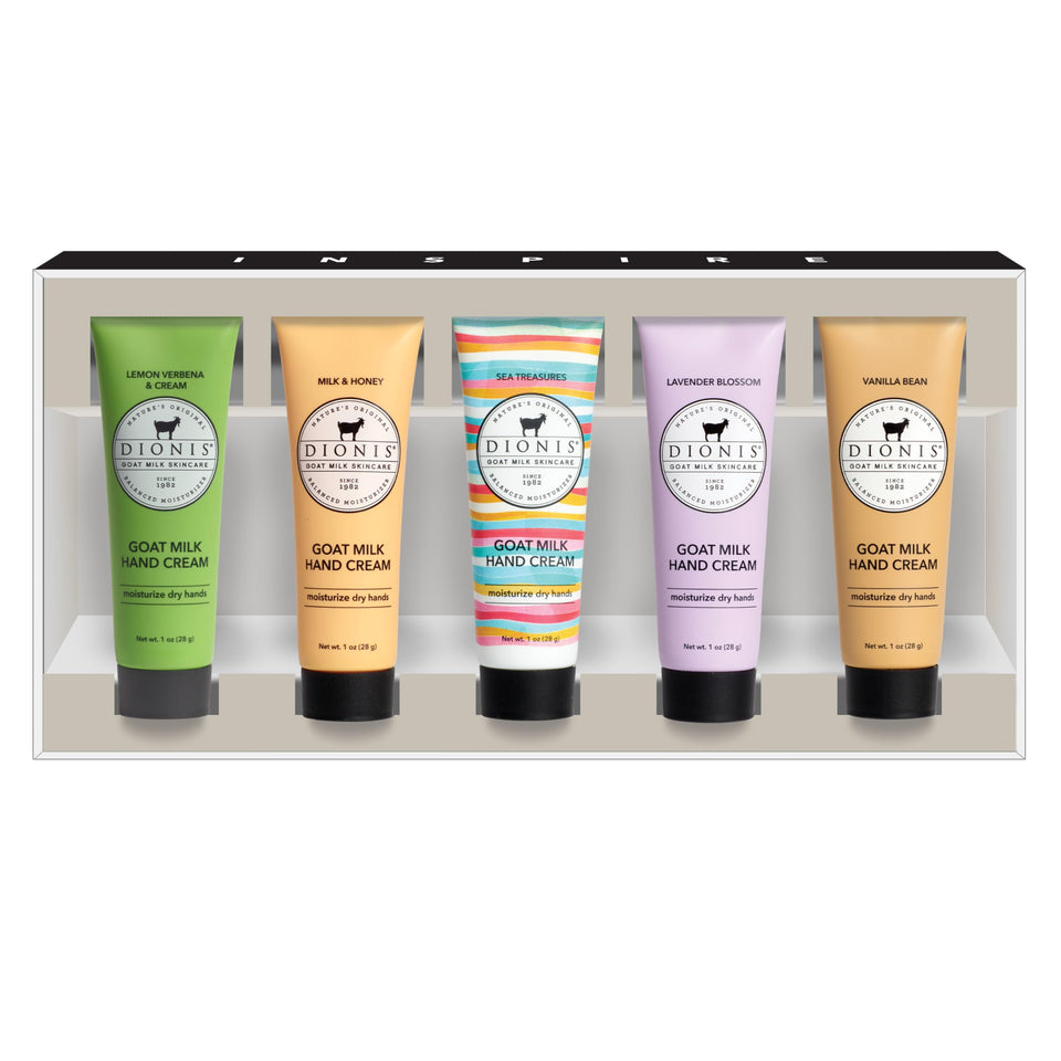 Dionis front packaging showing five travel tubes and gift-ready presentation