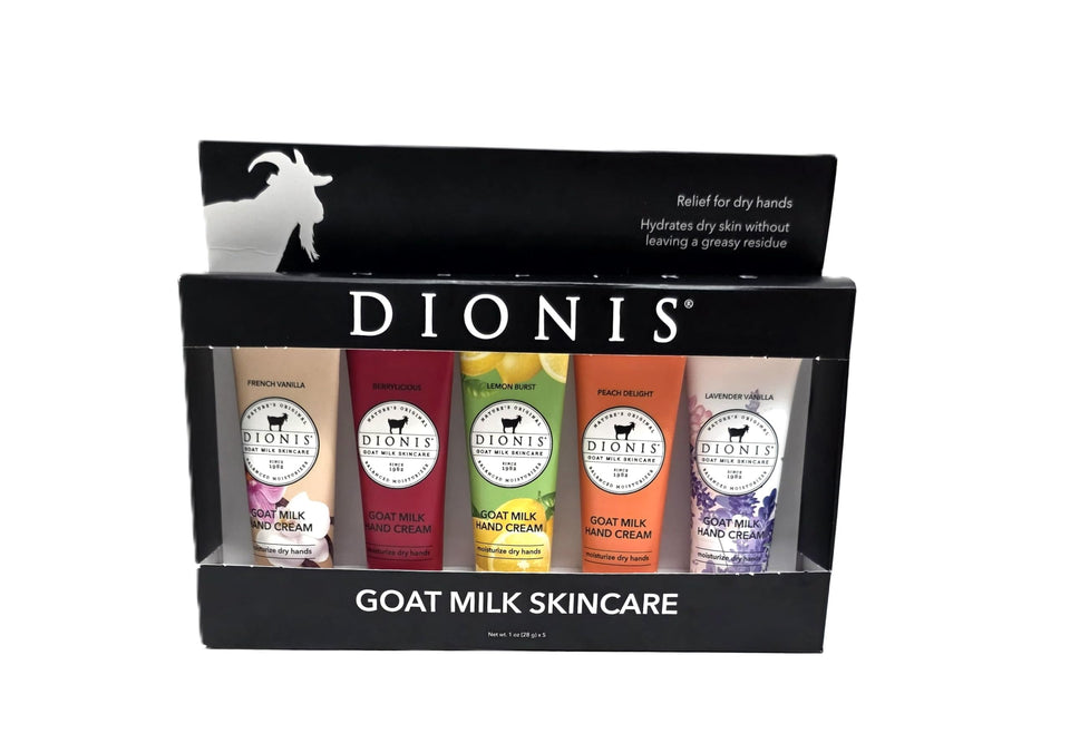 Dionis hand cream gift set front packaging showing five tubes and labels, ideal for gifting