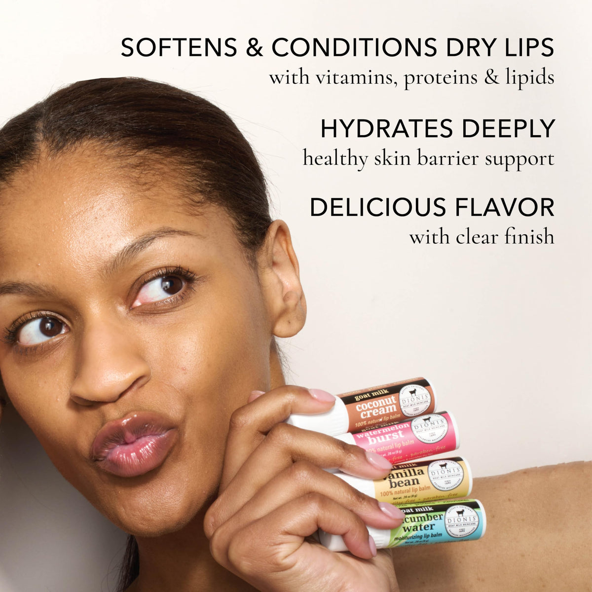 dionis ingredients display with goat milk, shea butter and coconut oil