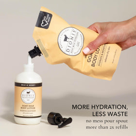 Label detail on Dionis pouch highlighting clean ingredients and dermatologist-tested benefit