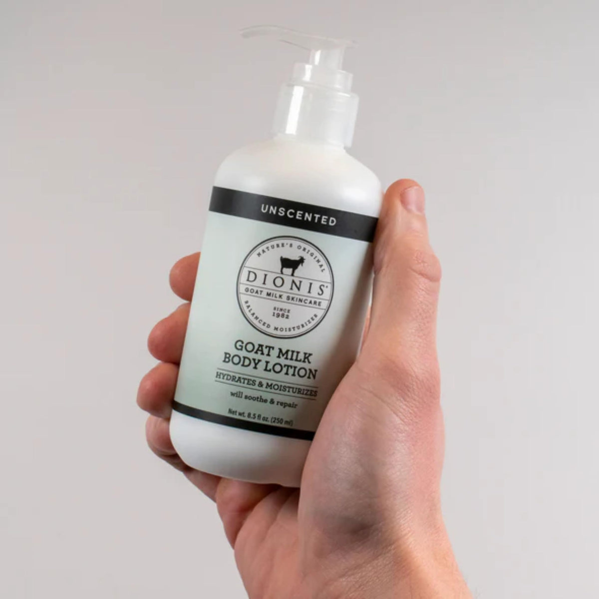 Dionis lotion pump detail showing easy dispensing and non-greasy finish
