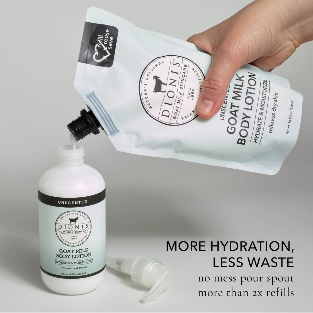 Close-up of Dionis lotion texture shows fast-absorbing, silky finish