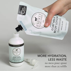 Close-up of Dionis lotion texture shows fast-absorbing, silky finish