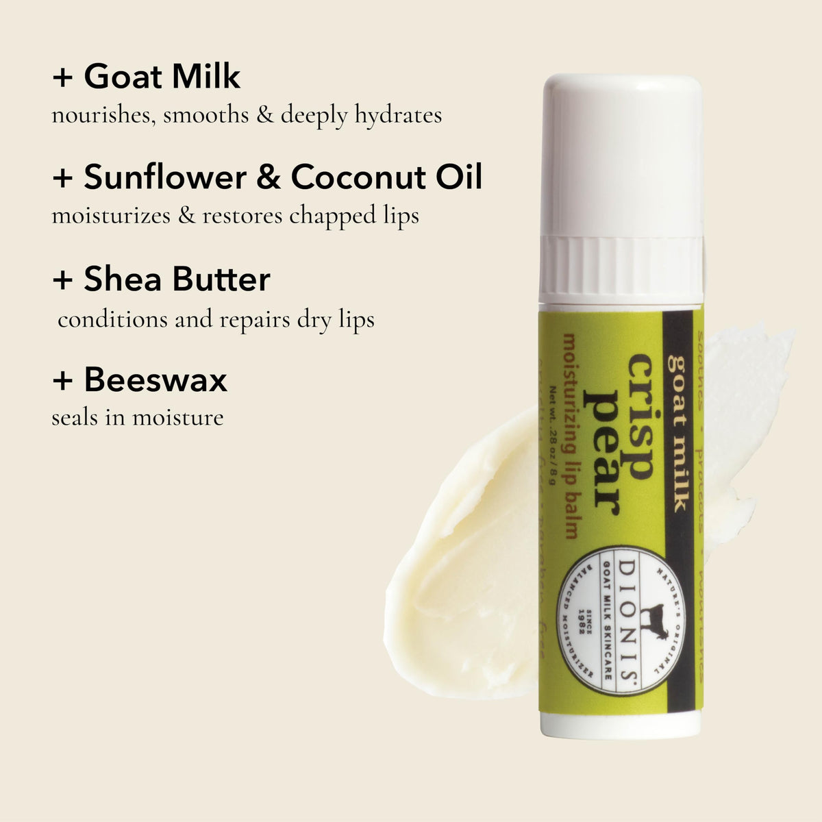 Dionis open tube texture close-up highlighting smooth balm and easy glide