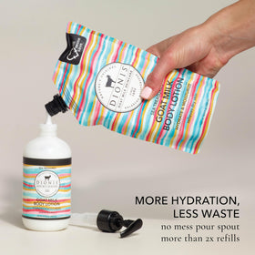 Action shot of pouring Dionis refill pouch into bottle demonstrating spill-free refill ease