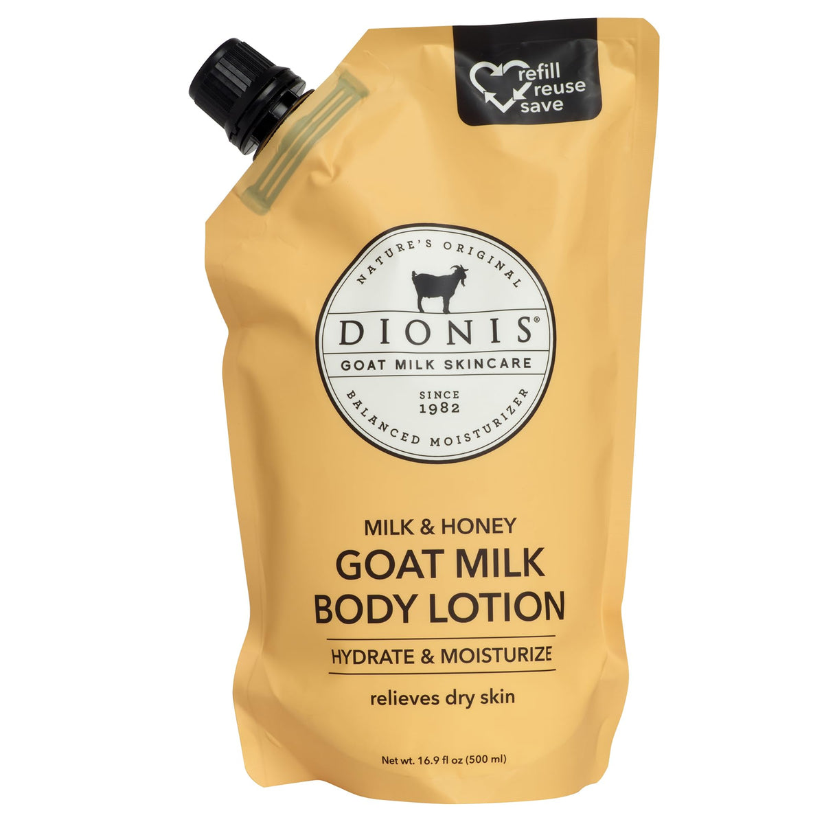 Dionis refill pouch front view showing milk and honey scent and practical packaging benefits