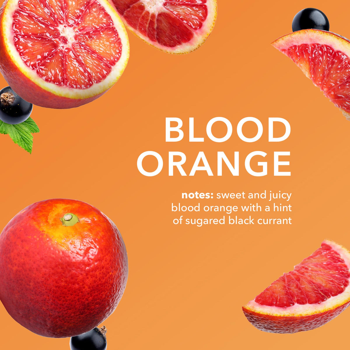 Blood orange and black currant beside pouch illustrating fragrance notes and bright scent benefit