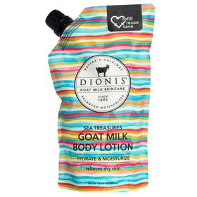 Dionis Sea Treasures pouch front view showing branding and size, promotes refill convenience