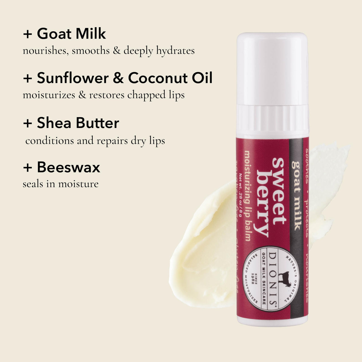 Dionis sweet berry tube open showing twist-up balm for easy application