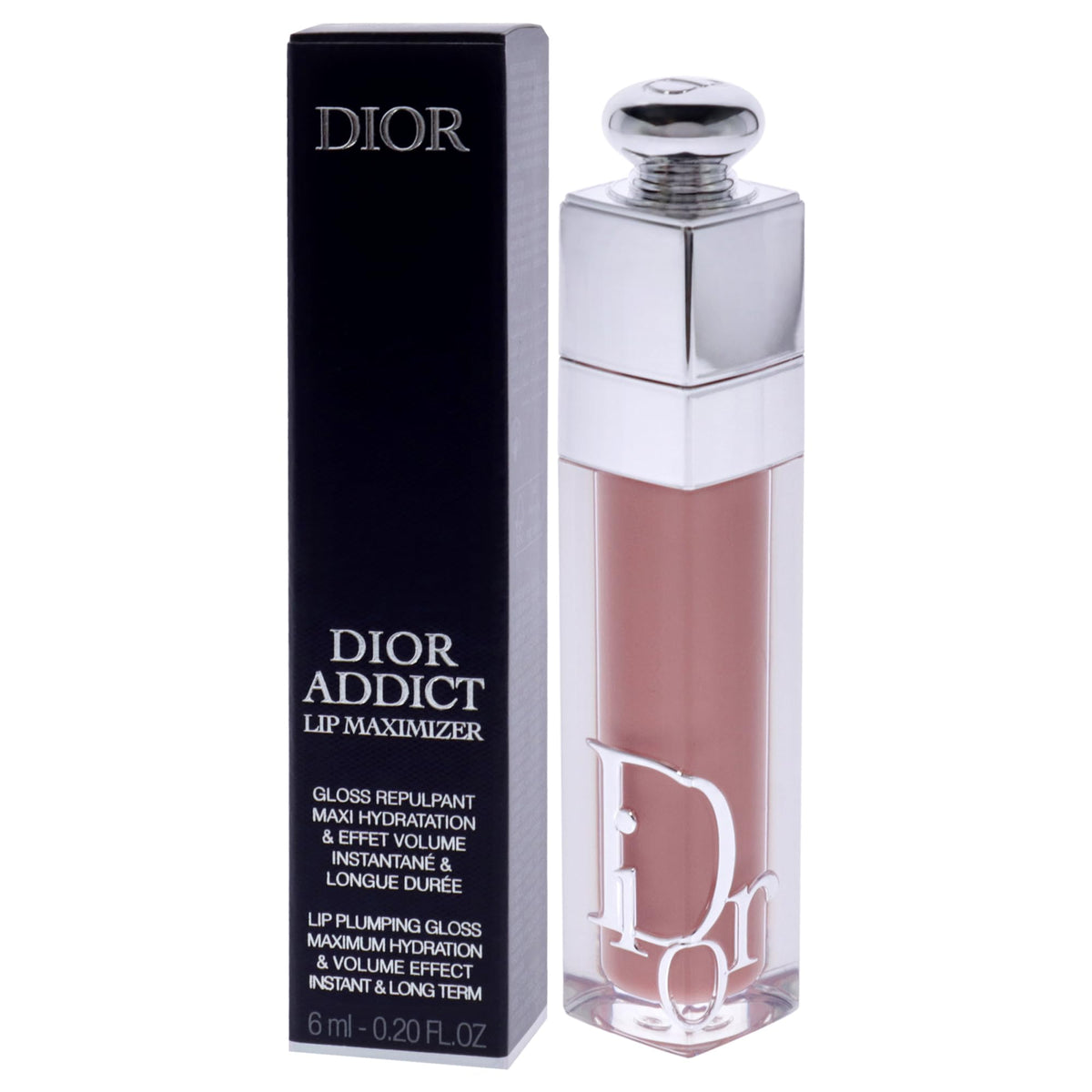 Dior Addict tube beside lipstick for scale showing compact 0.2 oz travel-friendly size