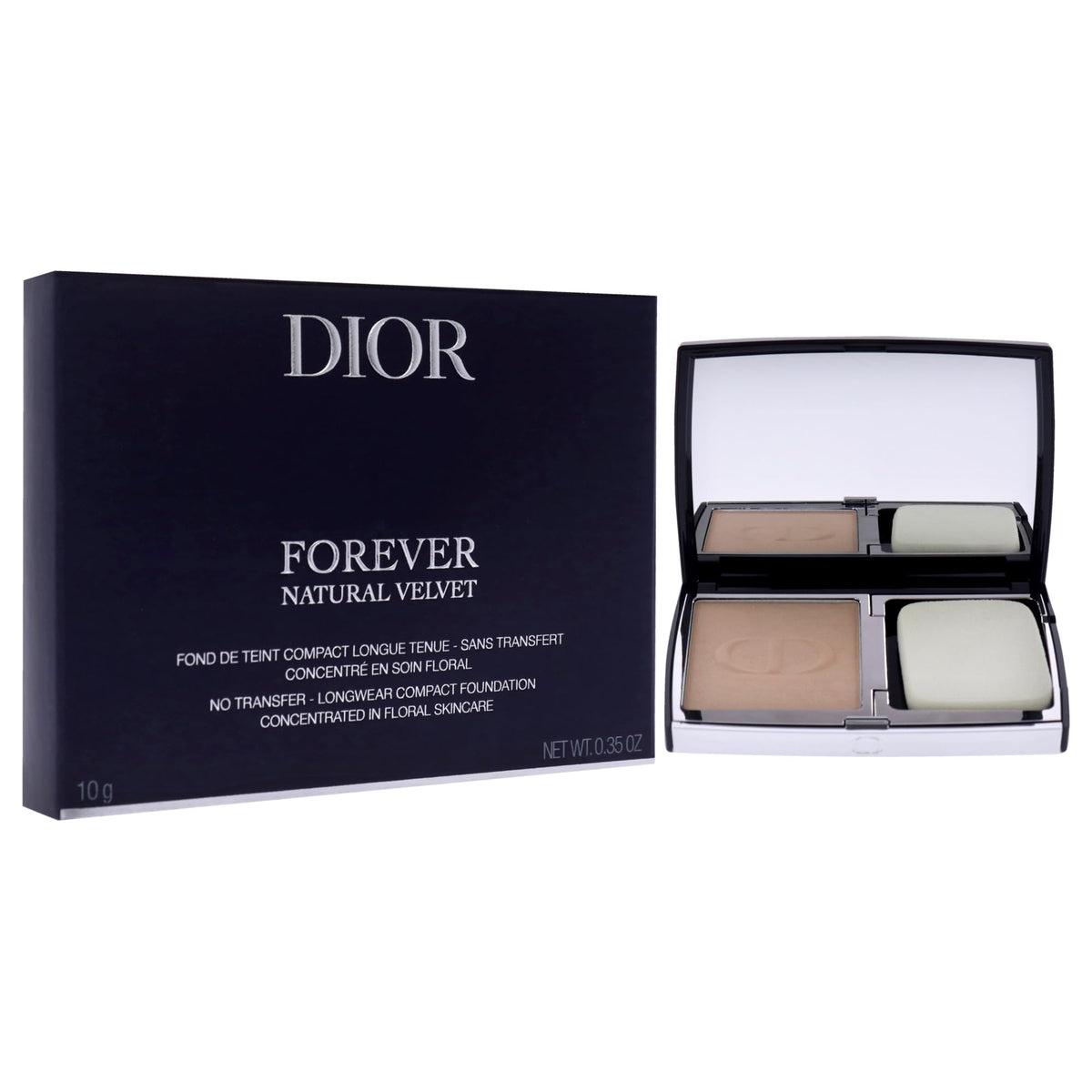 Dior compact in hand demonstrating 0.35 oz size for easy portability and touch-ups