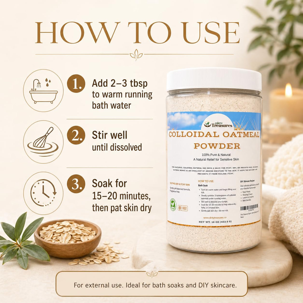 Dirty Treasures bath in use with milky water providing gentle skin comfort