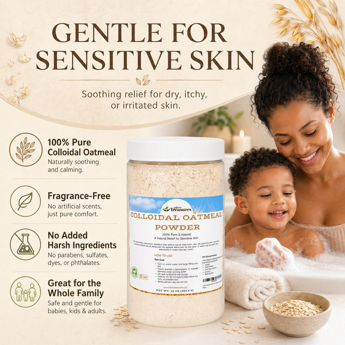 Dirty Treasures label detail highlighting fragrance-free ingredients and purity