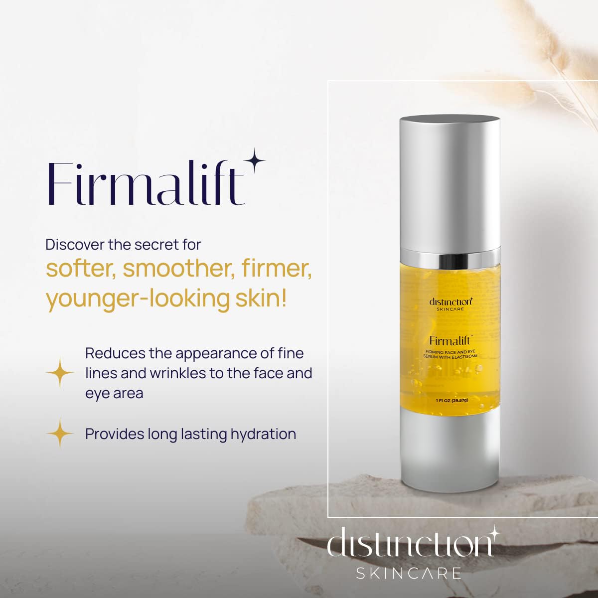 Distinction close-up of serum texture on skin, demonstrating lightweight hydration and fast absorption