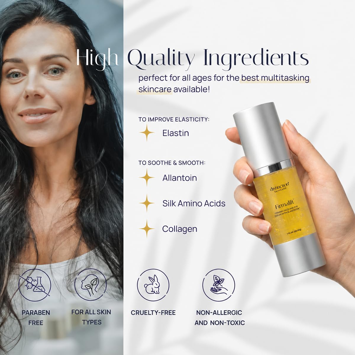 Model applying Distinction serum to under-eye area, illustrating refreshed, smoother-looking eye skin