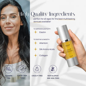 Model applying Distinction serum to under-eye area, illustrating refreshed, smoother-looking eye skin