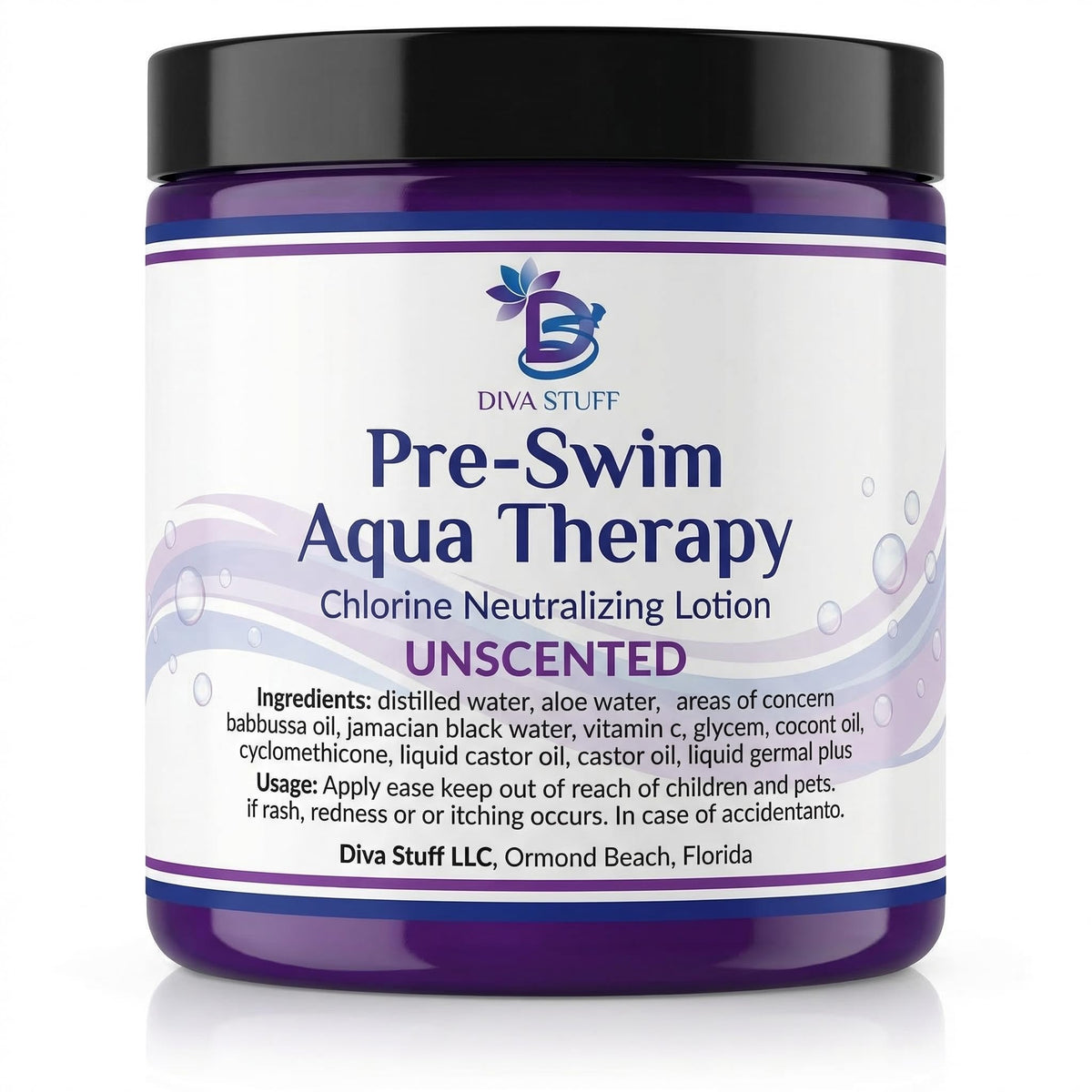Diva Stuff front packaging view showing unscented pre-swim lotion benefit protection