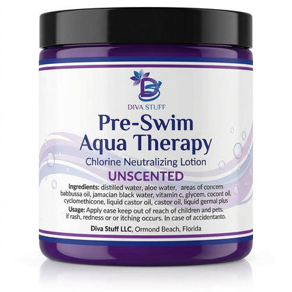 Diva Stuff front packaging view showing unscented pre-swim lotion benefit protection