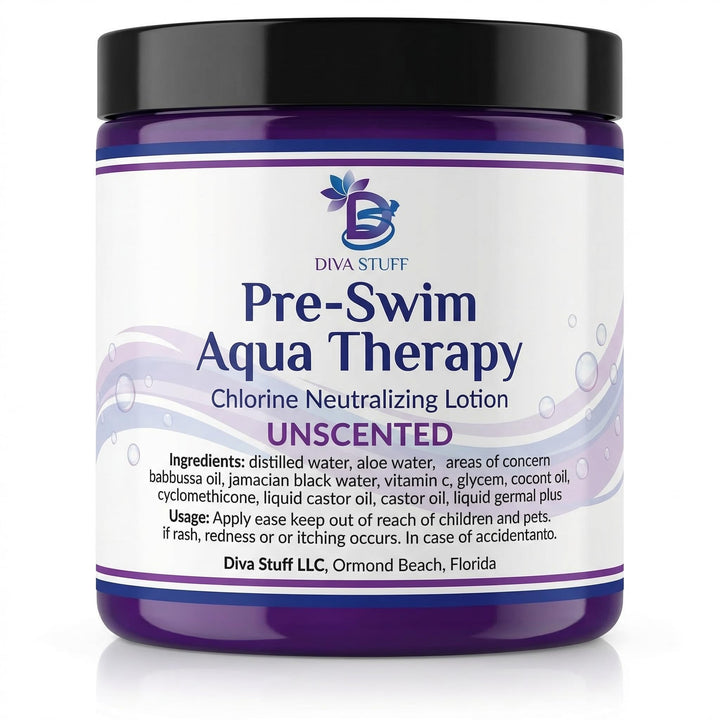 Diva Stuff front packaging view showing unscented pre-swim lotion benefit protection