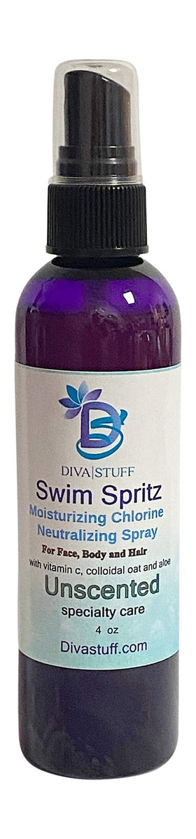 Diva Stuff Swim Spritz front bottle showing 4oz unscented label and pump for travel-friendly protection
