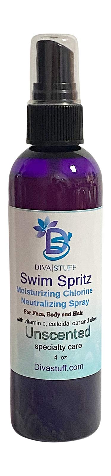 Diva Stuff Swim Spritz front bottle showing 4oz unscented label and pump for travel-friendly protection