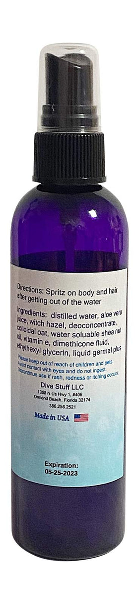 Diva Stuff Swim Spritz being applied at the beach, protects skin after swimming