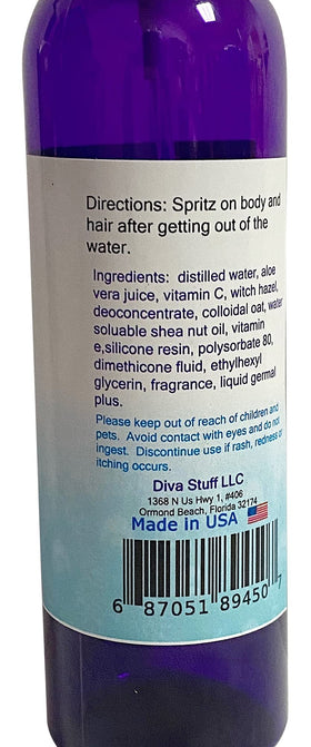 Diva Stuff mist being applied poolside to hair and shoulders, reducing chlorine odor