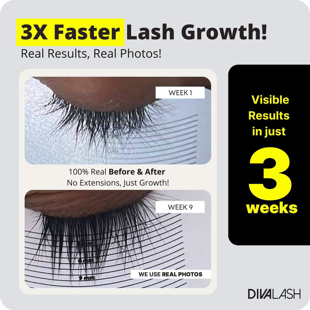 Divalash by Divaskin bottle beside raw ingredient visuals showing nourishing blend