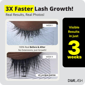 Divalash by Divaskin bottle beside raw ingredient visuals showing nourishing blend