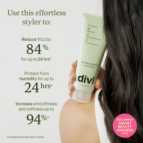 Divi close-up of cream texture highlights smooth lightweight finish