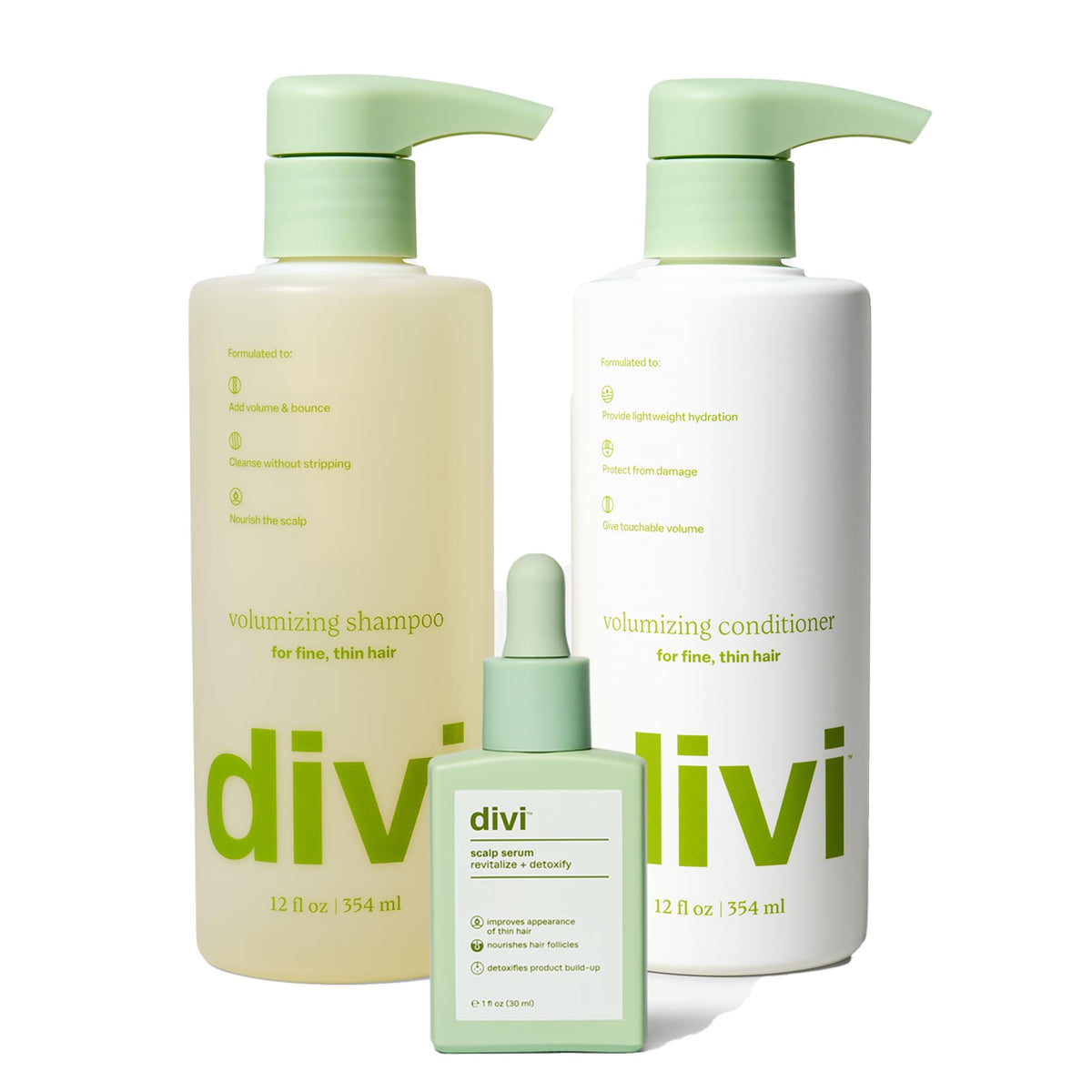 Divi bundle front packaging showing three products for fuller hair benefit