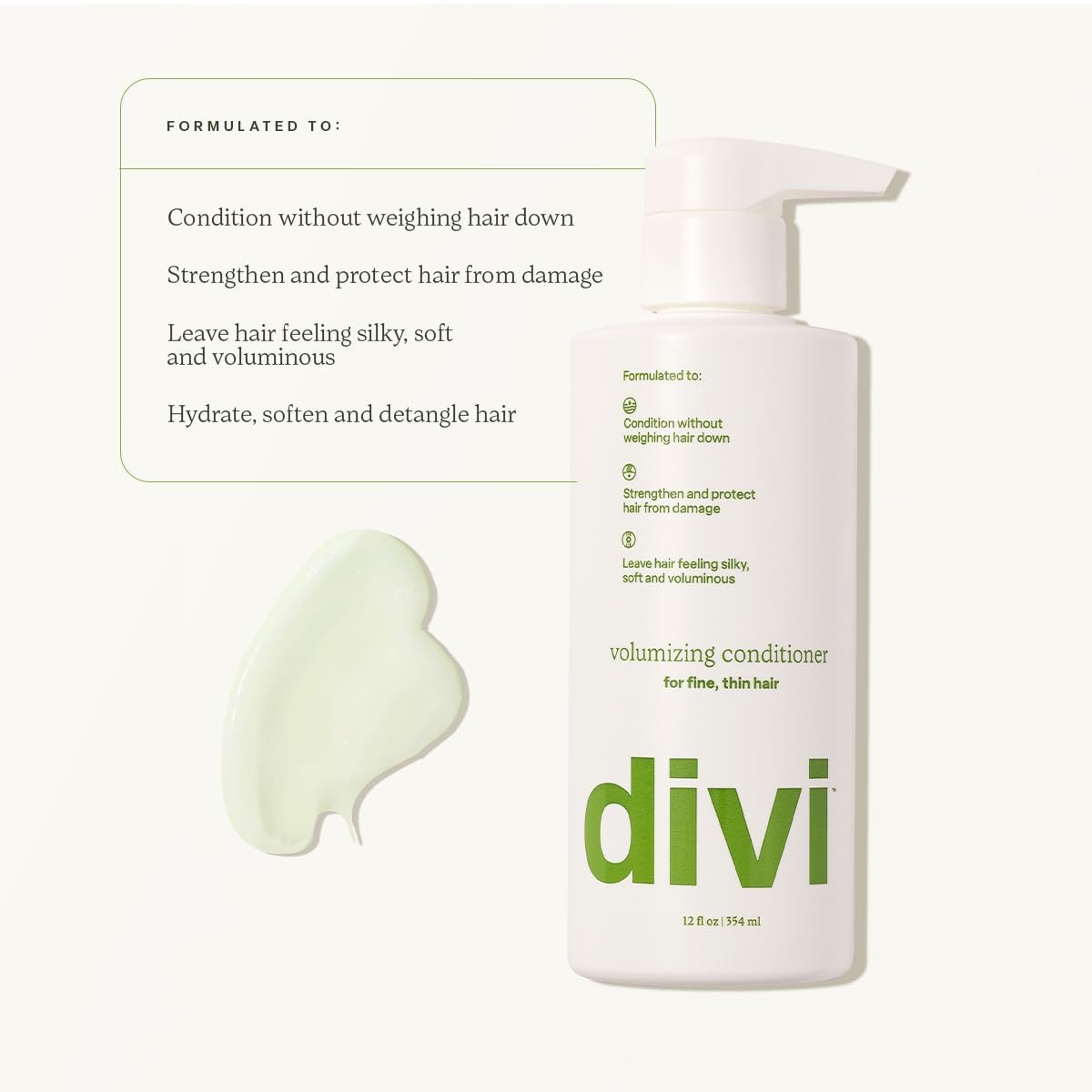 Divi volumizing conditioner bottle close-up showing lightweight conditioning benefit