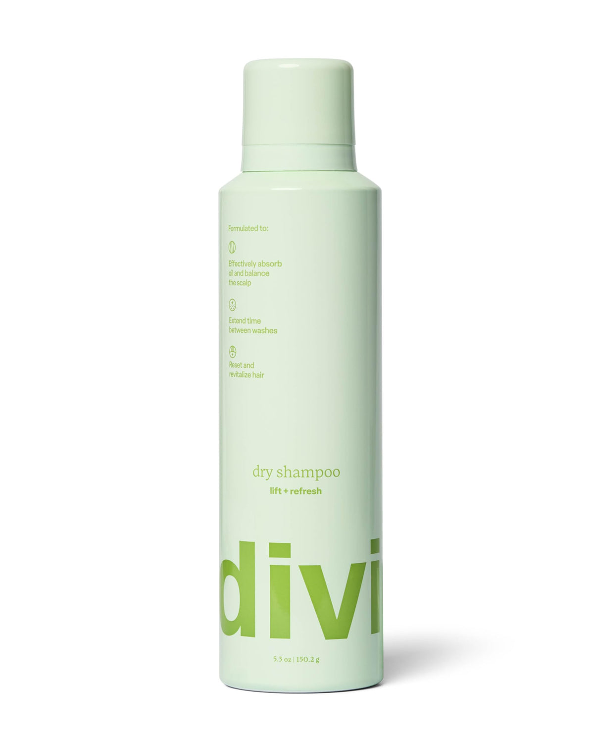 Divi dry shampoo front packaging showing label and 5.3oz benefit