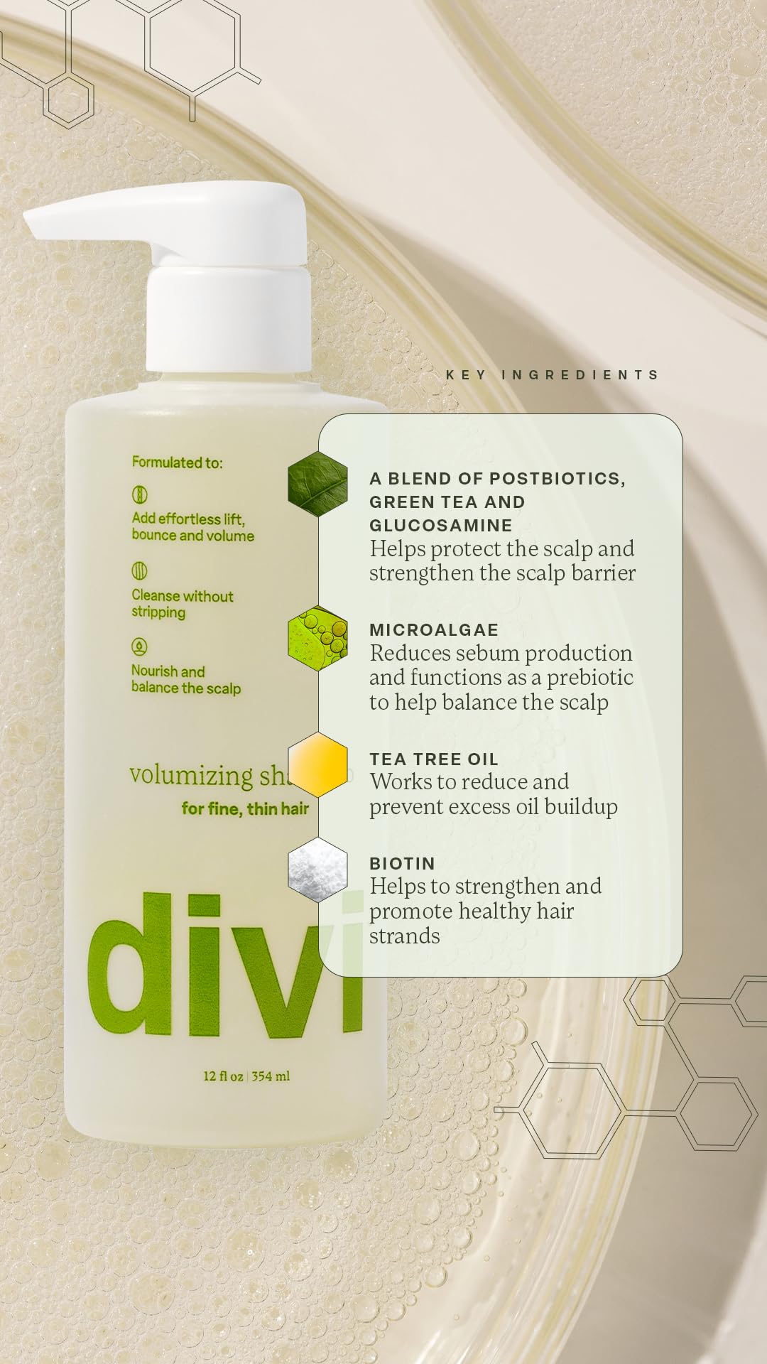 divi ingredients with green tea highlighting scalp-nourish benefit