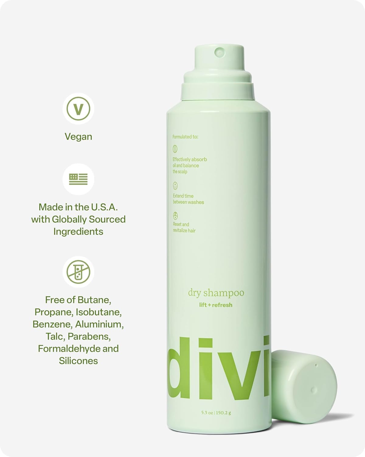 divi label close detail listing benzene-free and talc-free benefit safety
