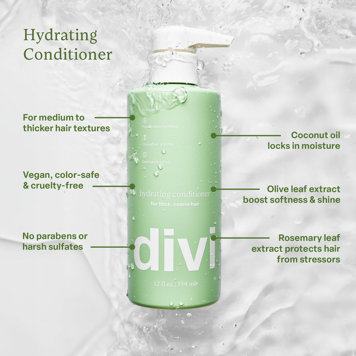 Divi pump and cap detail showing easy dispensing and mess-free application benefit