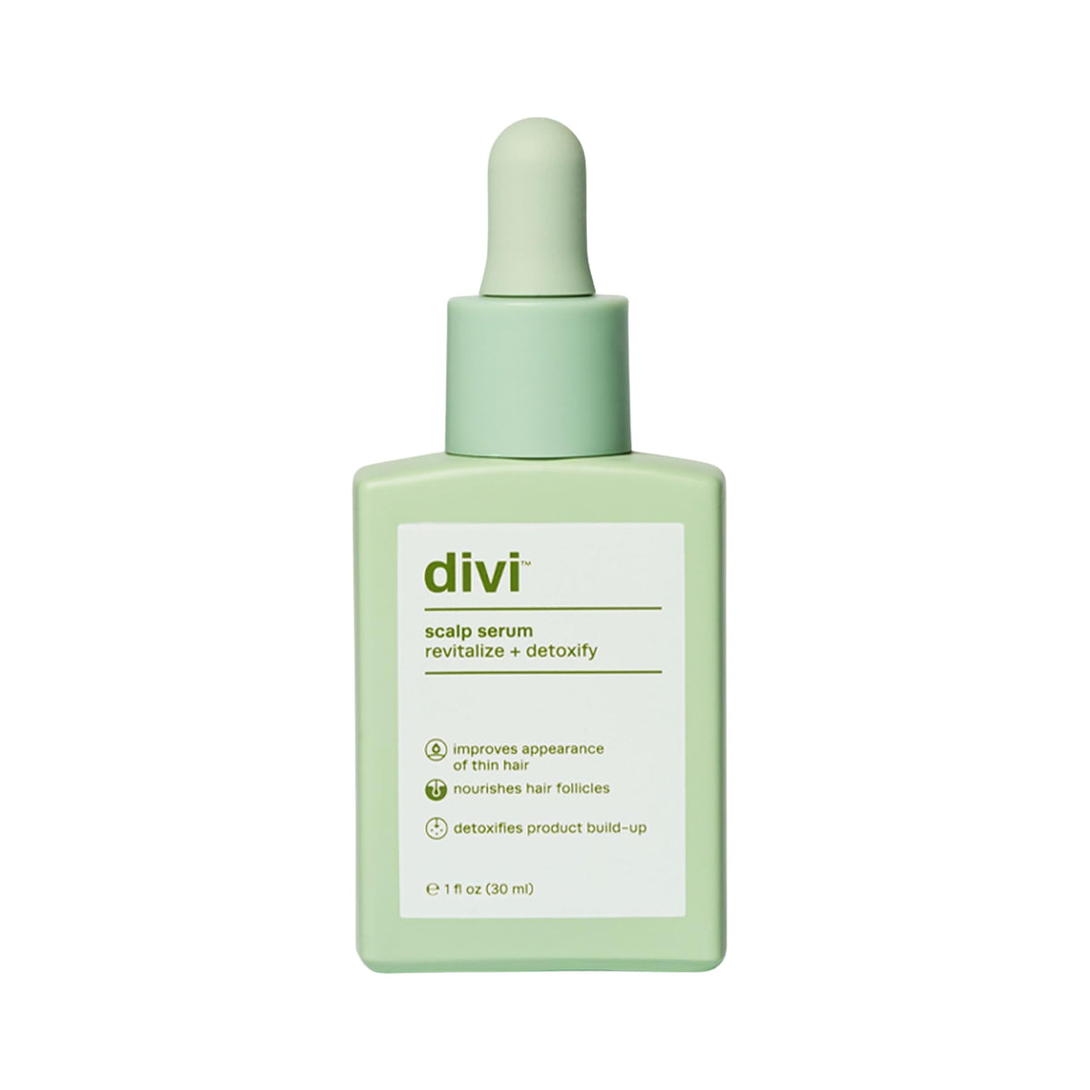 divi scalp serum front packaging showing bottle and label benefits