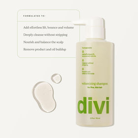 Divi volumizing shampoo bottle close-up highlighting gentle cleansing benefit