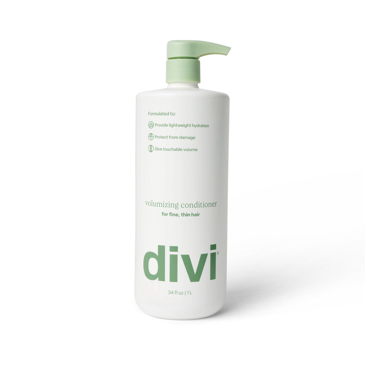 Divi volumizing conditioner front packaging showing 1L size and benefits