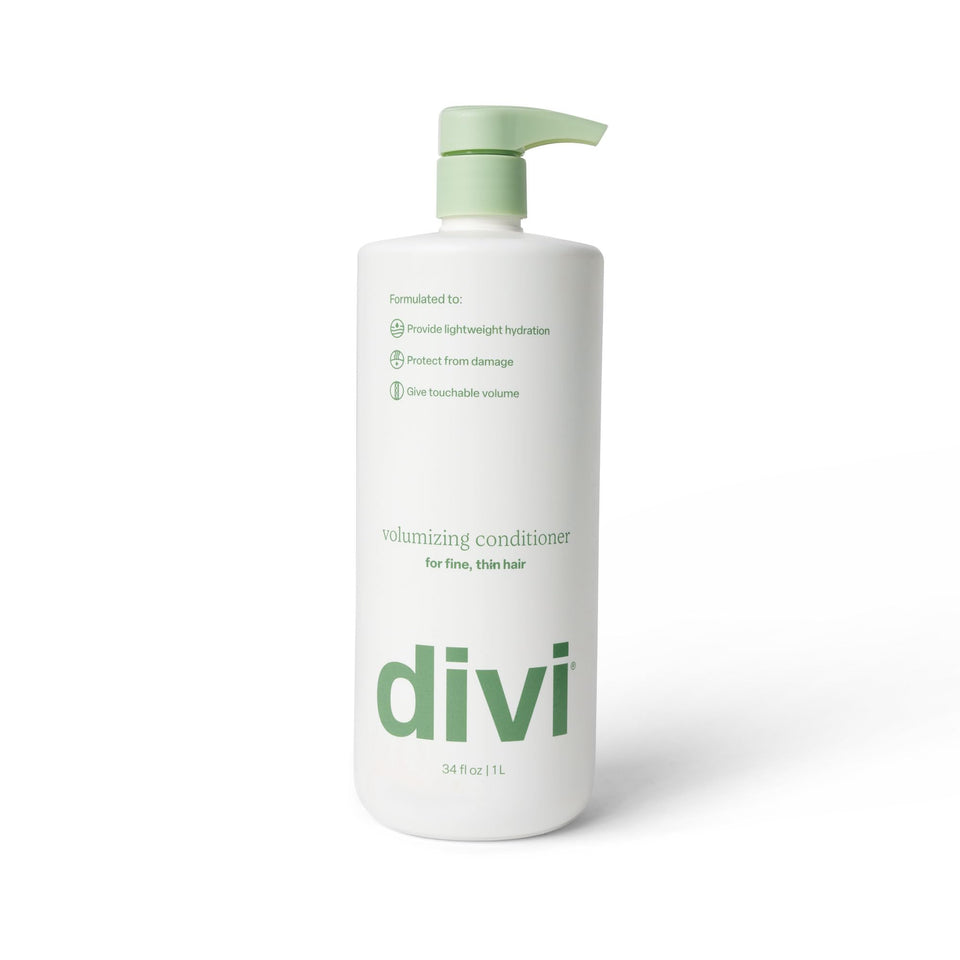 Divi volumizing conditioner front packaging showing 1L size and benefits